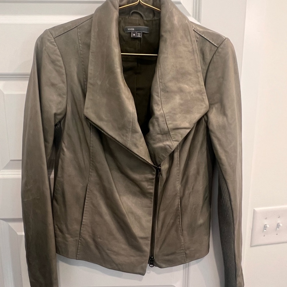 Vince Olive-Grey Leather Asymmetrical Zip Jacket